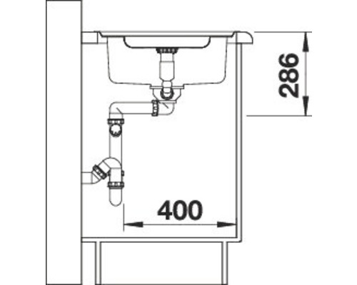 Technische tekening van een spoelbak met de afmetingen 286 en 400