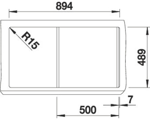 Technische tekening van een spoelbak met afmetingen