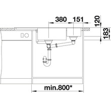 Installatietekening van een spoelbak met informatie over de afmetingen voor installatie