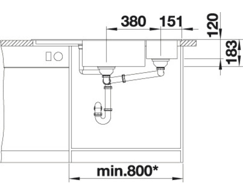 Installatietekening van een spoelbak met informatie over de afmetingen voor installatie