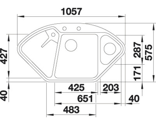 Technische tekening van een spoelbak met afmetingen