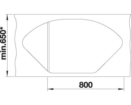 Technische tekening van een douchebak met de afmetingen 800 en minimaal 650
