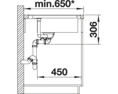 Schets van een gootsteen met afmetingen