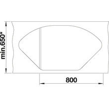 Technische tekening van een doorsnede met de afmetingen 800 en minimaal 650