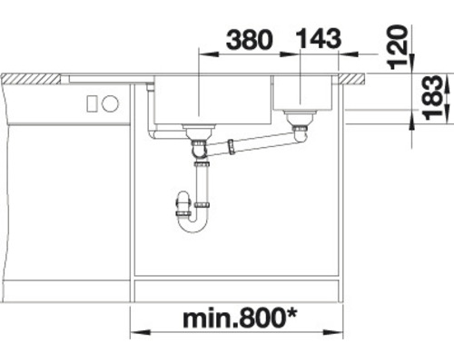 Installatietekening van een gootsteen met maatvoering.