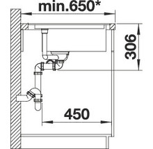 Technische tekening van een spoelbak met afmetingen