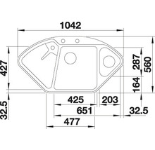 Technische tekening van een aanrechtbak met afmetingen
