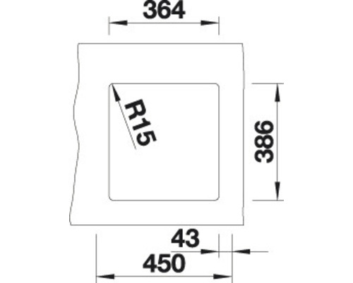 Technische tekening met maatvoering van een product, inclusief lengte 450, breedte 364 en hoogte 386.
