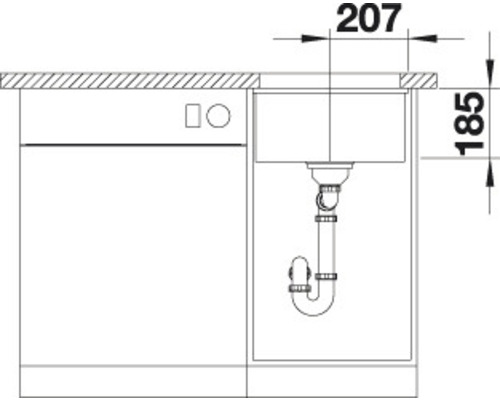 Technische tekening van een gootsteen met afmetingen