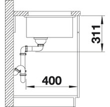 Technische tekening van een spoelbak met afmetingen 311 en 400.