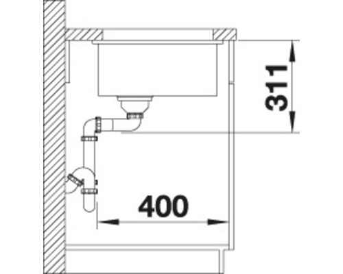 Technische tekening van een spoelbak met afmetingen 311 en 400.