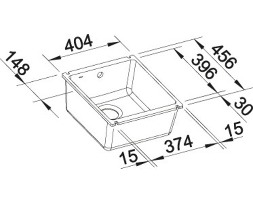 Technische tekening van een aanrechtspoelbak met afmetingen