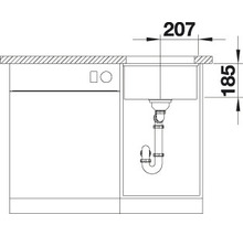 Technische tekening van een spoeltafel met afmetingen