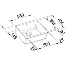 Technische tekening van een spoelbak met afmetingen