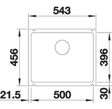 Technische tekening van een spoelbak met afmetingen