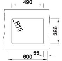 Technische tekening met afmetingen van een rechthoekig product, 600 x 386 millimeter