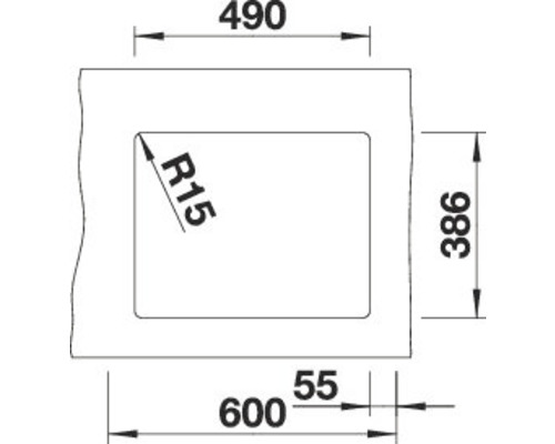 Technische tekening met afmetingen van een rechthoekig product, 600 x 386 millimeter
