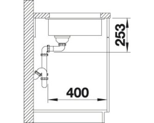 Schema van een spoelbak met afvoergarnituur en maatvoering