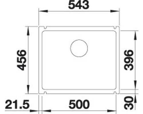Technische tekening van een spoelbak met maatvoering.