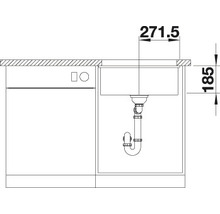 Technische tekening van een spoelbak met afmetingen