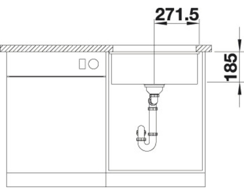 Technische tekening van een spoelbak met afmetingen