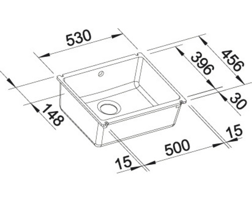 Technische tekening van een spoelbak met afmetingen