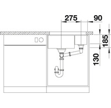 Technische tekening van een aanrechtspoelbak met afmetingen