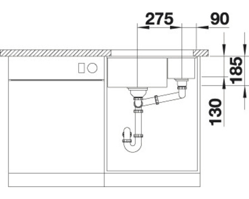 Technische tekening van een aanrechtspoelbak met afmetingen