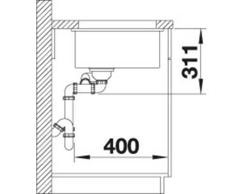 Tekening van een spoelbak met afmetingen van 311 bij 400