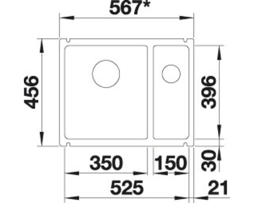 Technische tekening van een gootsteen met maatvoering
