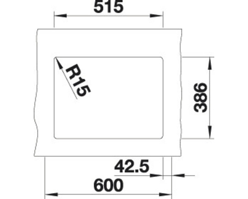 Technische tekening van een spoelbak met de afmetingen 600 x 515 x 386 mm en een radius van 15 mm