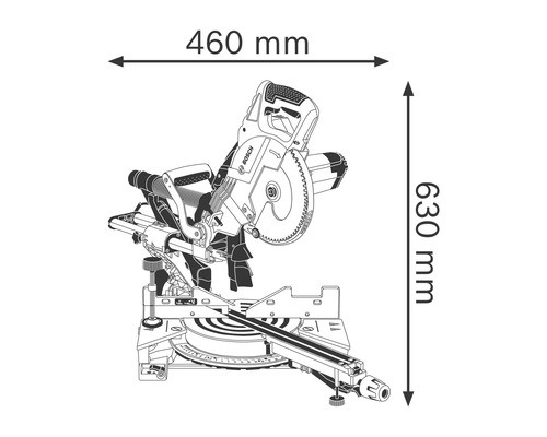 Afbeelding van een verstekzaag met de afmetingen 460 mm breed en 630 mm hoog.