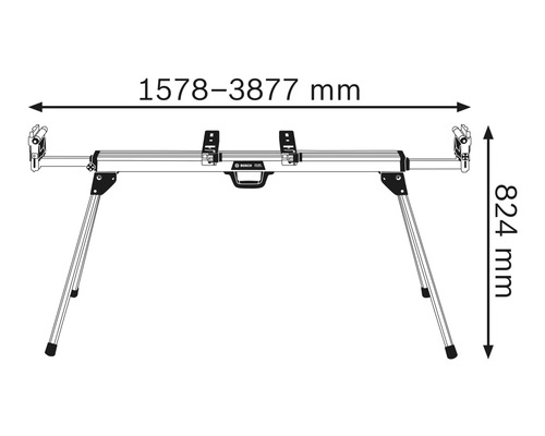 Bosch werkbank met afmetingen 1578 tot 3877 mm breed en 824 mm hoog