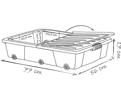 Afbeelding van een opbergbox met deksel en wielen met maatvoering