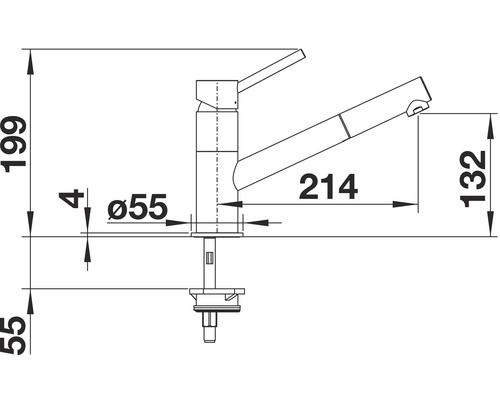 Technische tekening van een keukenkraan met afmetingen