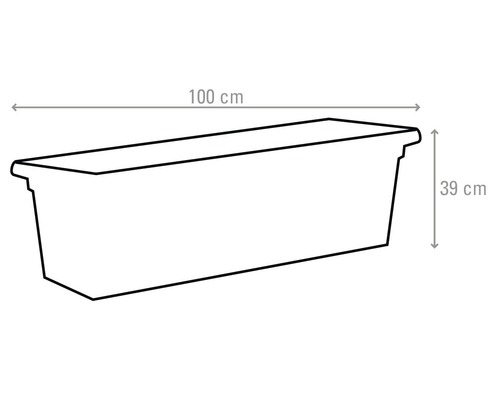 Illustratie van een plantenbak met afmetingen van 100 cm lengte en 39 cm hoogte