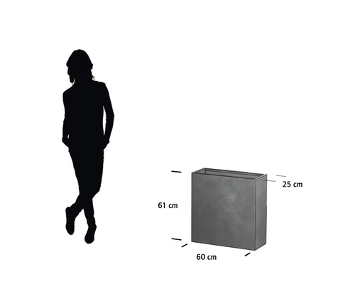 Afbeelding van een plantenbak met de afmetingen 61 cm hoog, 60 cm lang en 25 cm breed.