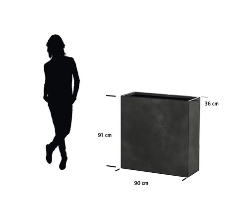 Rechthoekige plantenbak met afmetingen 91 cm hoog, 90 cm breed en 36 cm diep.