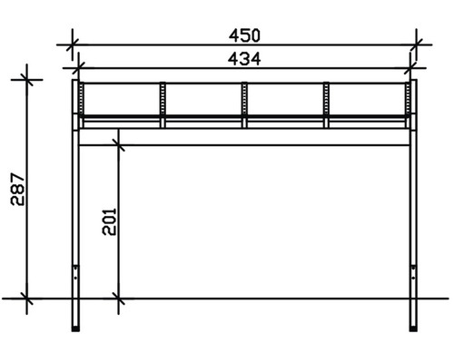 Technische tekening van een rek met de afmetingen 450, 434, 287 en 201.