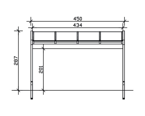 Technische tekening van een metalen rek met afmetingen