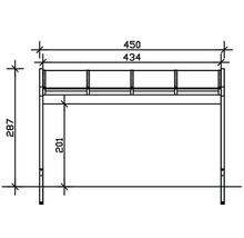Technische tekening van een plank met de afmetingen 450, 434 en 287