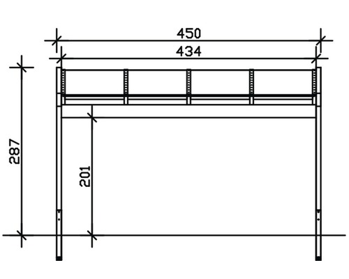 Technische tekening van een plank met de afmetingen 450, 434 en 287