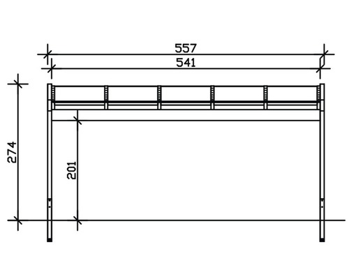 Technische tekening van een schuilplaats met de afmetingen 557, 541 en 274