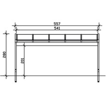 Technische tekening van een werktafel met maatvoering.