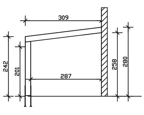 Technische tekening van een overkapping met maatvoering
