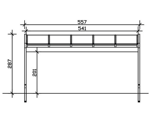 Technische tekening van een metalen frame met de afmetingen 557, 541 en 287.