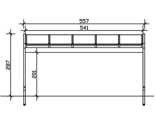 Technische tekening van een tafel met de afmetingen 557, 541 en 287