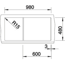 Tekening van een spoelbak met maatvoering