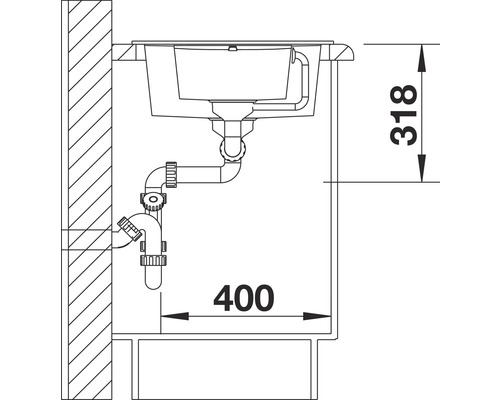 Technische tekening van een spoelbak met afmetingen 318 en 400.
