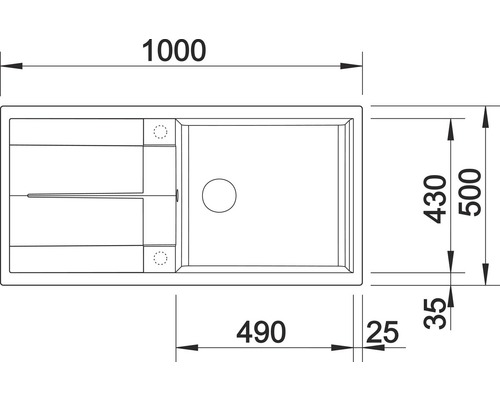 Technische tekening van een spoelbak met afmetingen 1000 x 500 mm